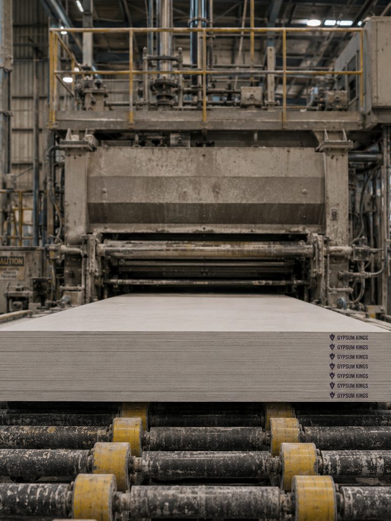 A fresh gypsum board travelling along the production line
