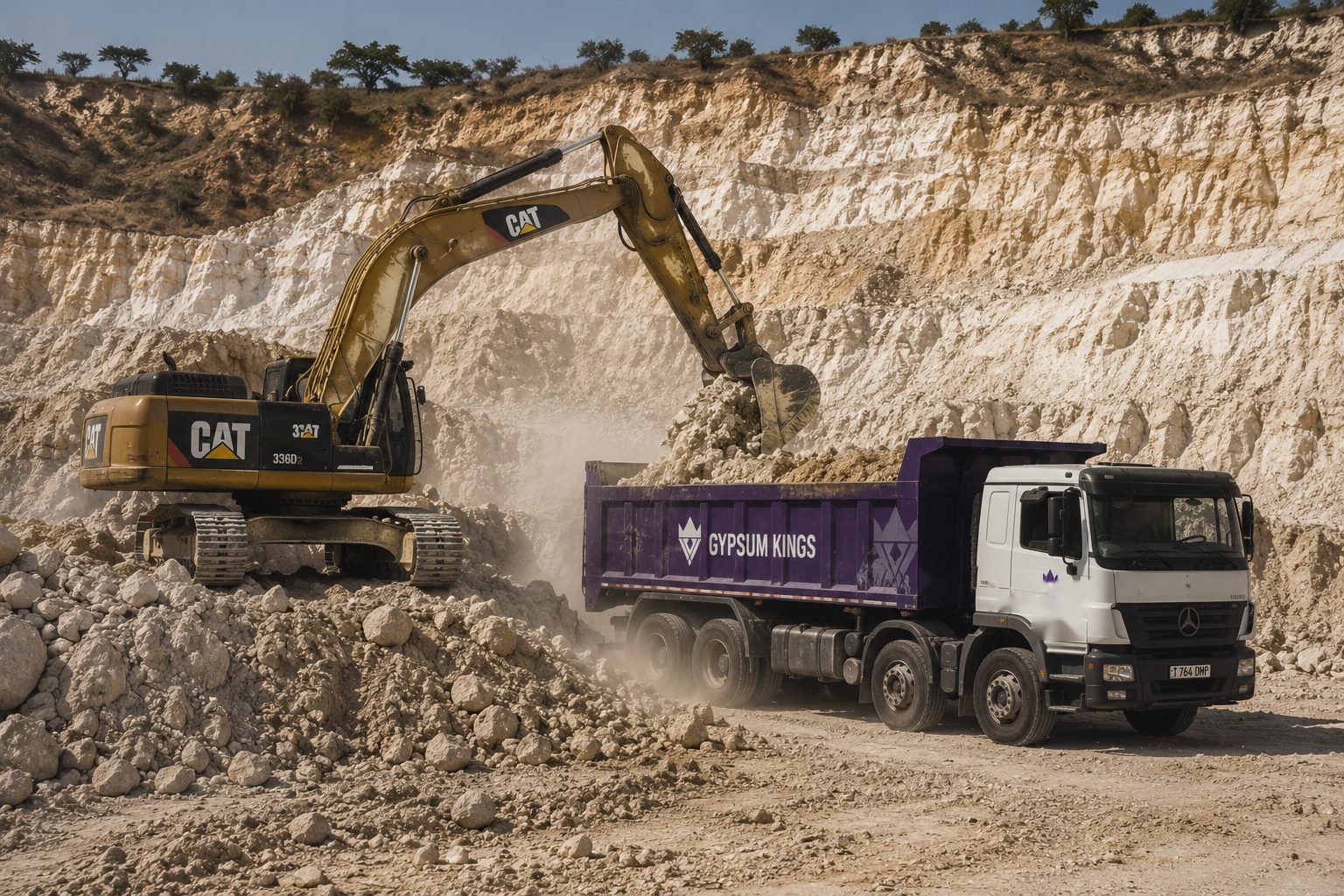Gypsum quarry — an excavator loading broken rock into a haul truck