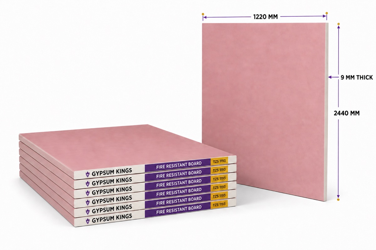 Stack of six Gypsum Kings Fire Resistant Boards with one board upright, showing 1220mm by 2440mm dimensions and 9mm thickness
