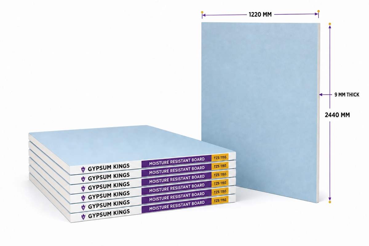 Stack of six Gypsum Kings Moisture Resistant Boards with one board upright, showing 1220mm by 2440mm dimensions and 9mm thickness