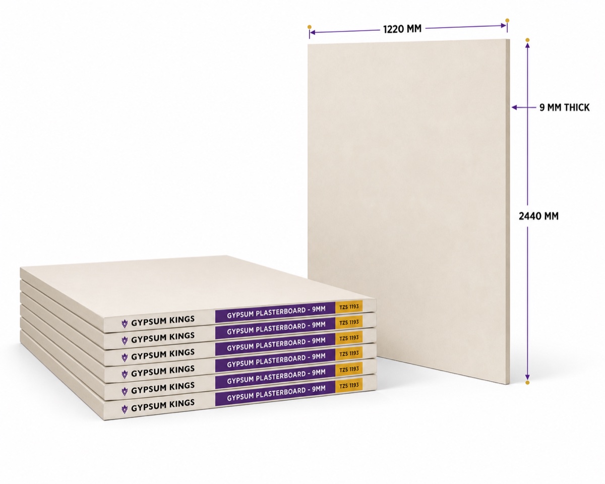 Stack of six Gypsum Kings Standard Boards with one board upright, showing 1220mm by 2440mm dimensions and 9mm thickness